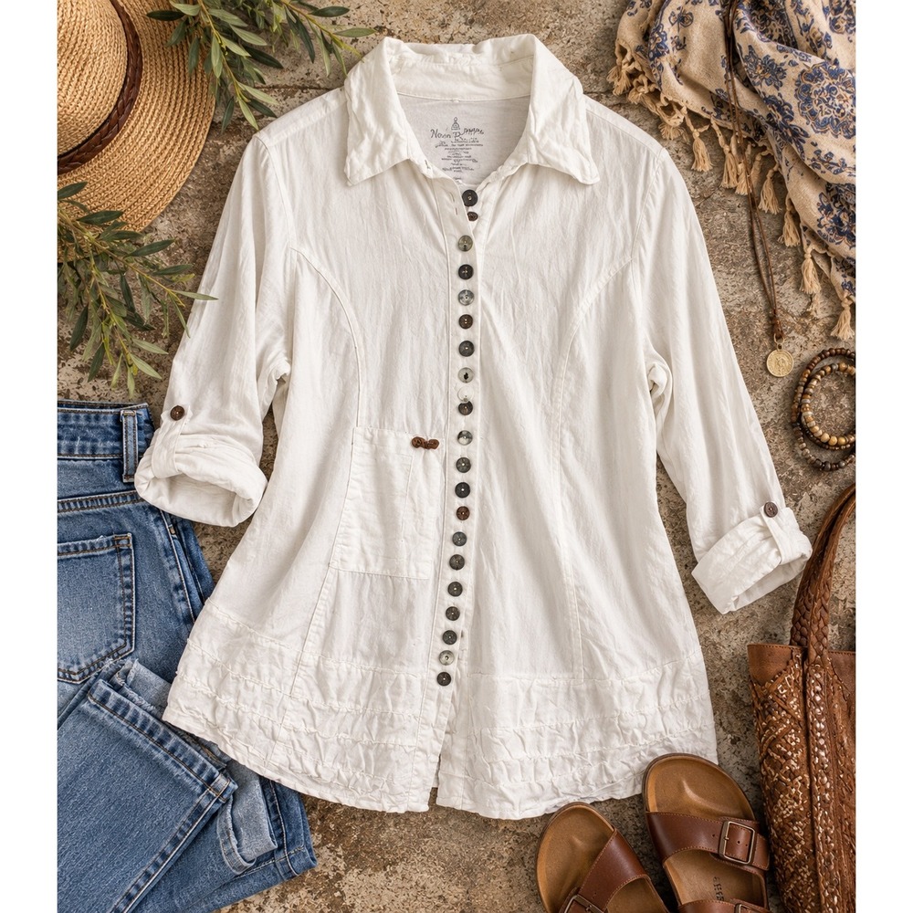 Neon Buddha White Cotton Button Front Cardigan Ruffle Hem Jacket Womens Large